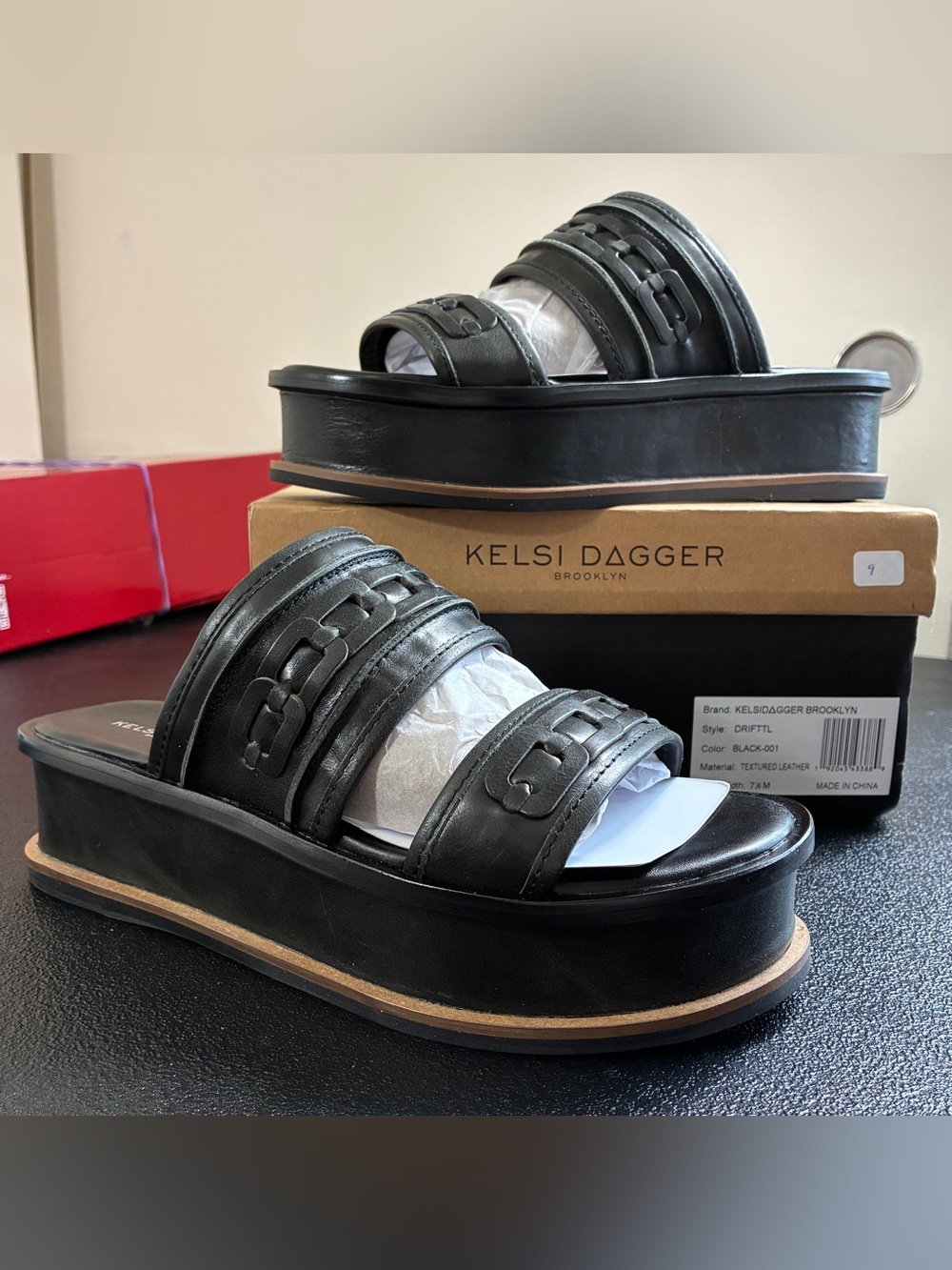 Kelsi Dagger Brooklyn Drift Black Leather Platform Slide Sandals